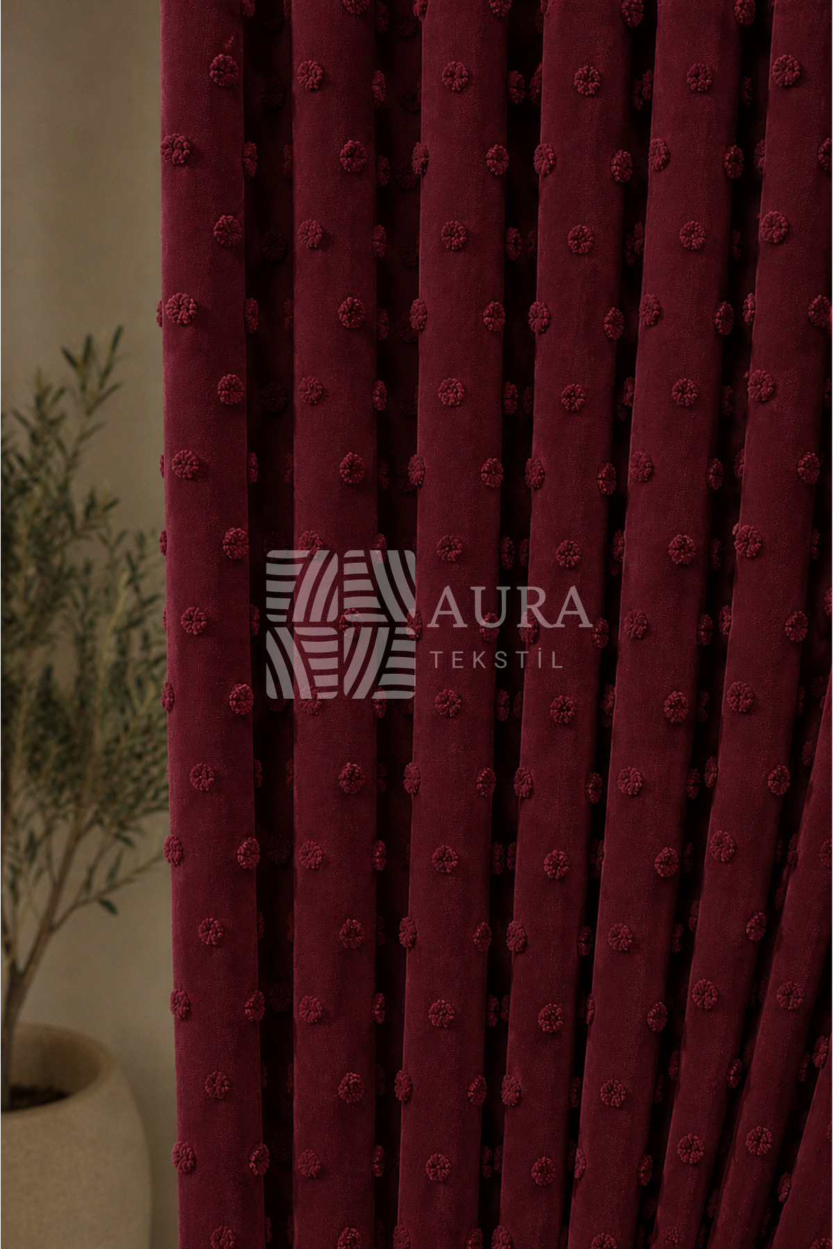 Linen Textured Pompom Ruby Damson Backdrop Curtain , Straight Planting , Tassel Backdrop Curtain , Linen Backdrop Curtain
