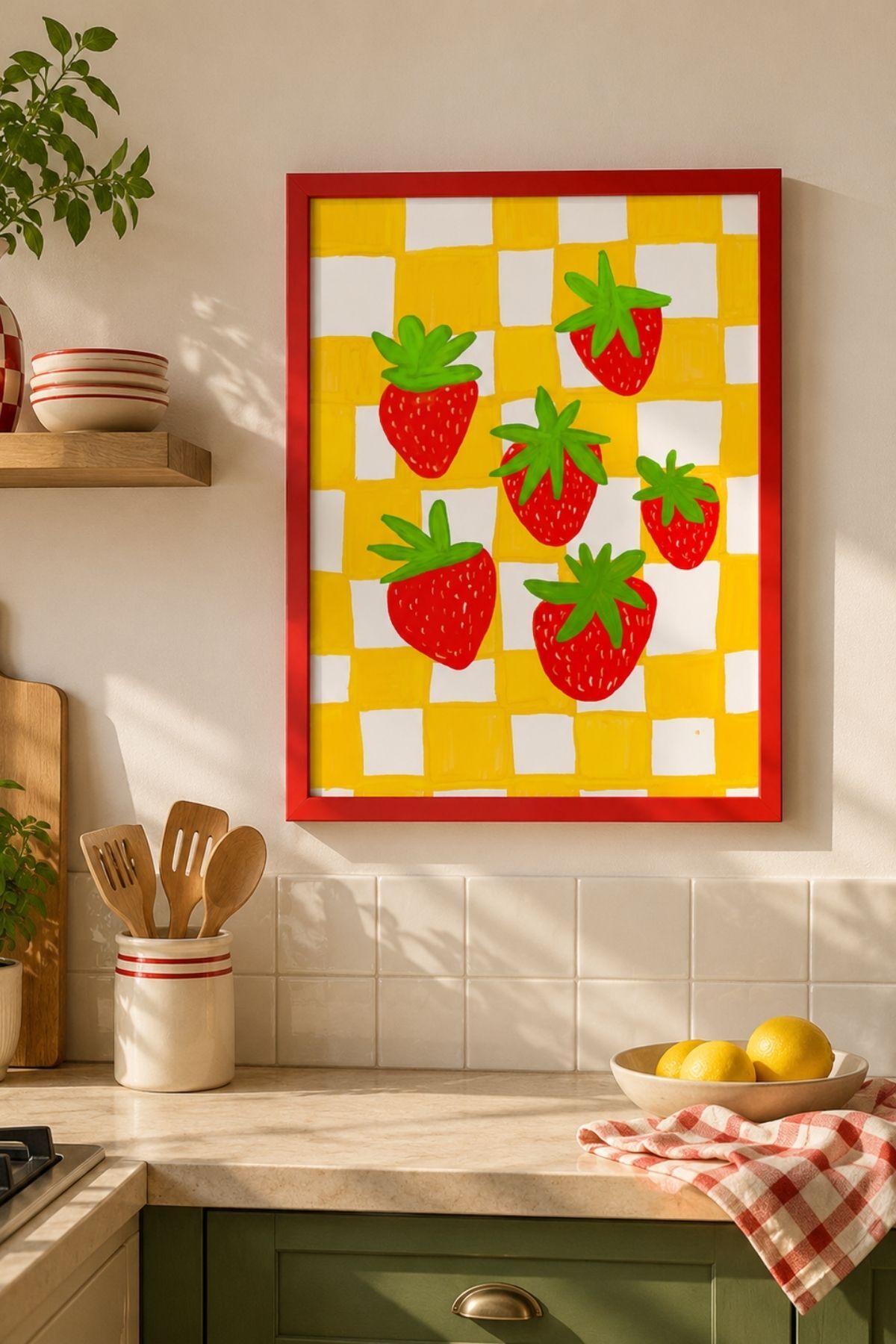 Çilek Desenli Poster Renkli Meyve İllüstrasyon Duvar Tablosu Çerçevesiz