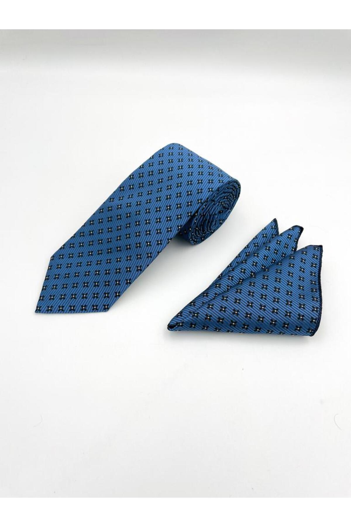 Brianze 8 Cm Mavi Lacivert Desenli Kravat Mendil Set görsel 2