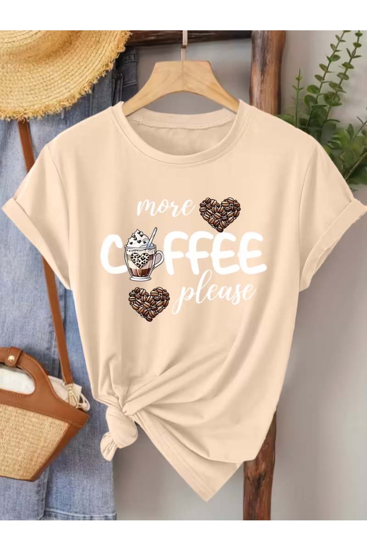 Trend Sizde Unisex bež majica sa širokim izrezom i printom kafe
