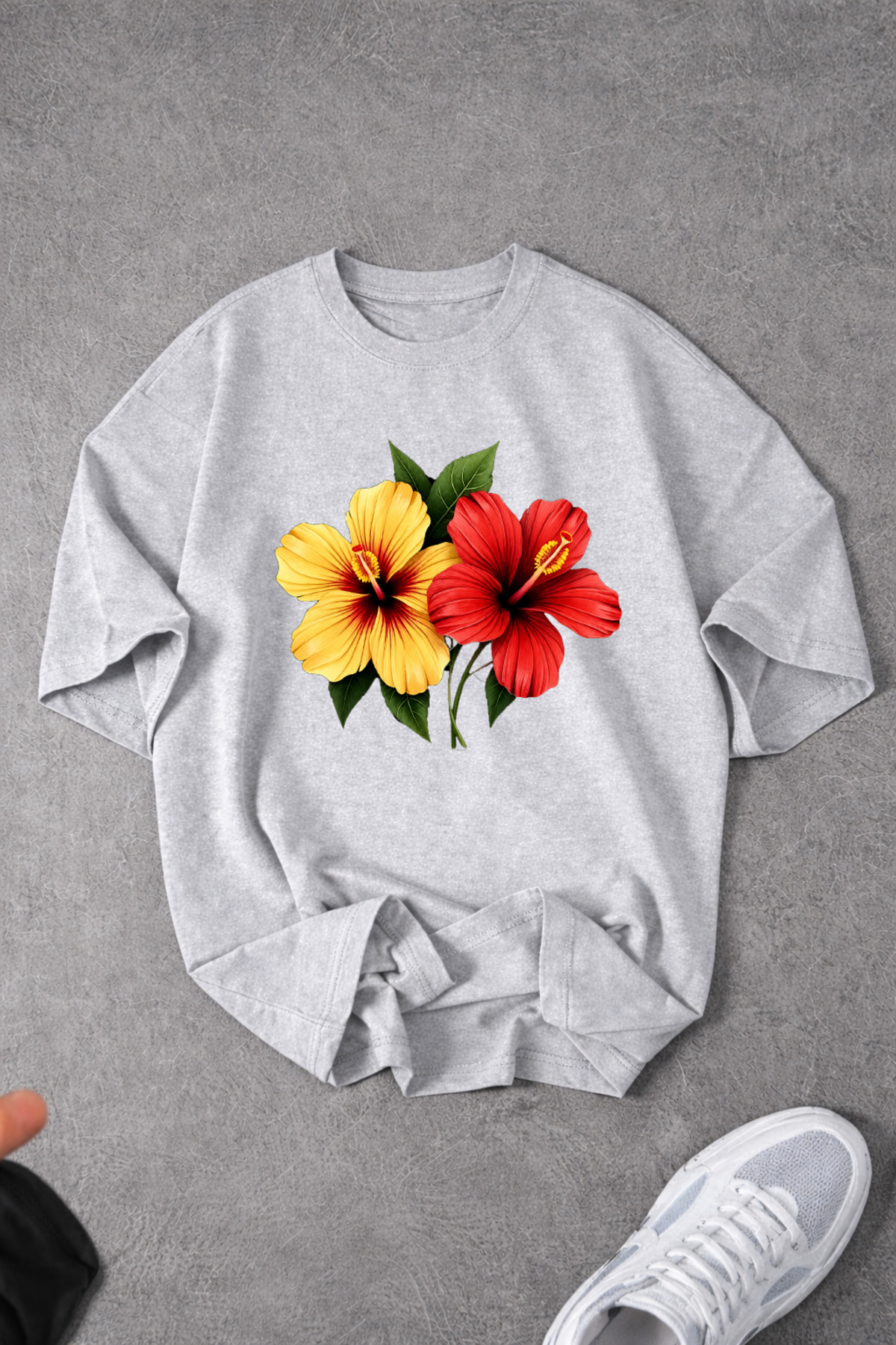 Women's Flower Custom Printed Oversize Zero Neck Combed Cotton T-Shirt