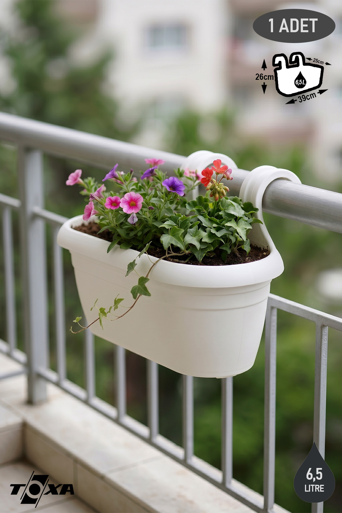 ToXA Hera Askılı Balkon Saksısı 6,5 Litre (39cm) Drenaj Izgaralı