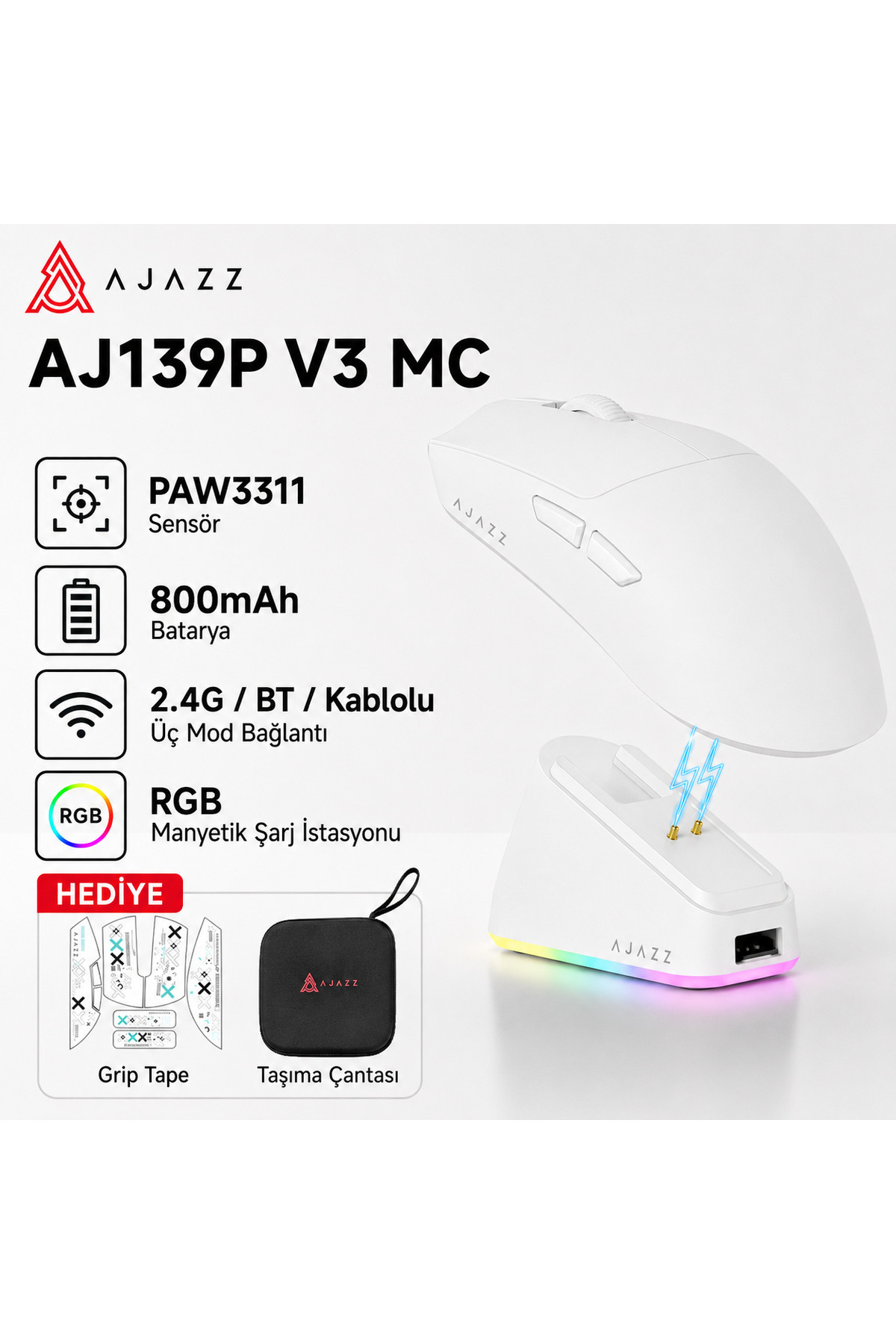 Ajazz Aj139P V3 MC Kablosuz Oyuncu Mouse-800 Mah Batarya RGB Şarj