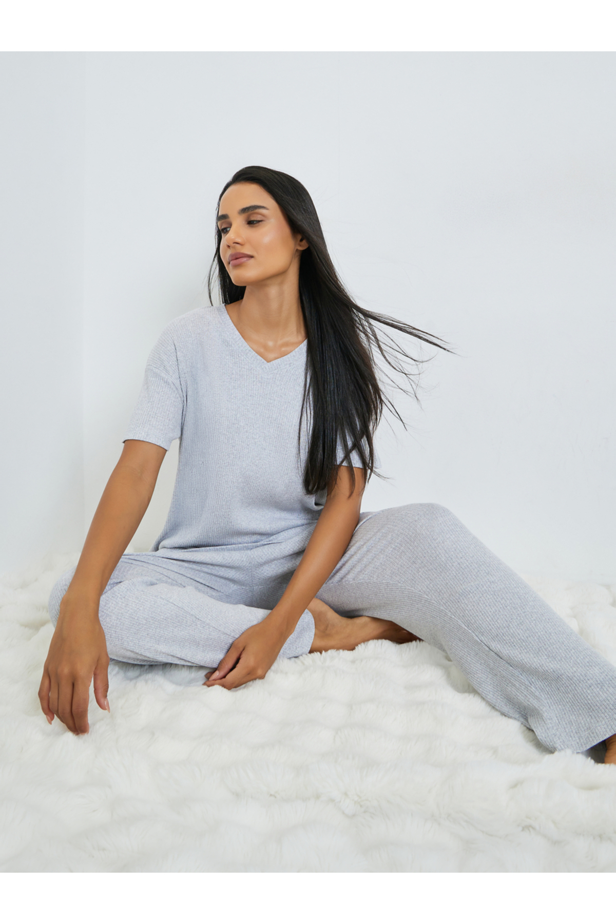 Styli Grey Rib V Neck Drop Shoulder T-Shirt and Pyjama Set