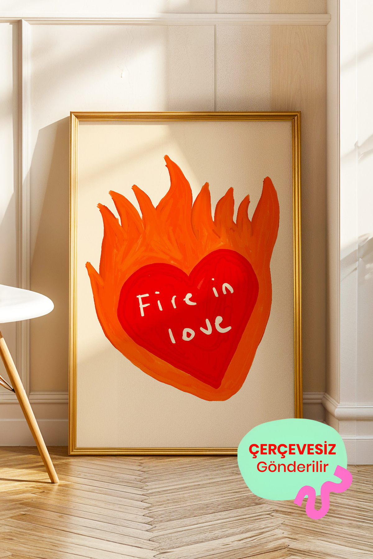 Alevli Kalp Poster Modern Kırmızı Duvar Dekoru Çerçevesiz