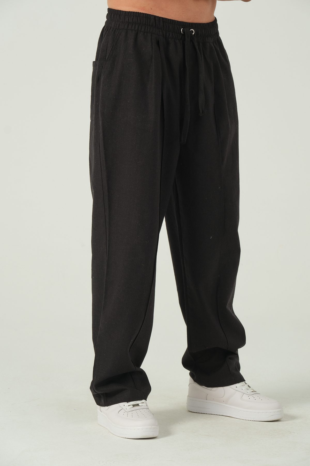 RELAXL %100 Keten Uzun Paça Çımalı Oversize Siyah Erkek Pantolon 2XS-10XL