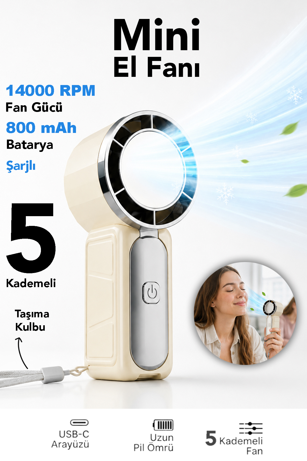 Portable Mini Hand Fan - 800mAh USB Charged Cooler 5-Stage Mini Vanitator Beige