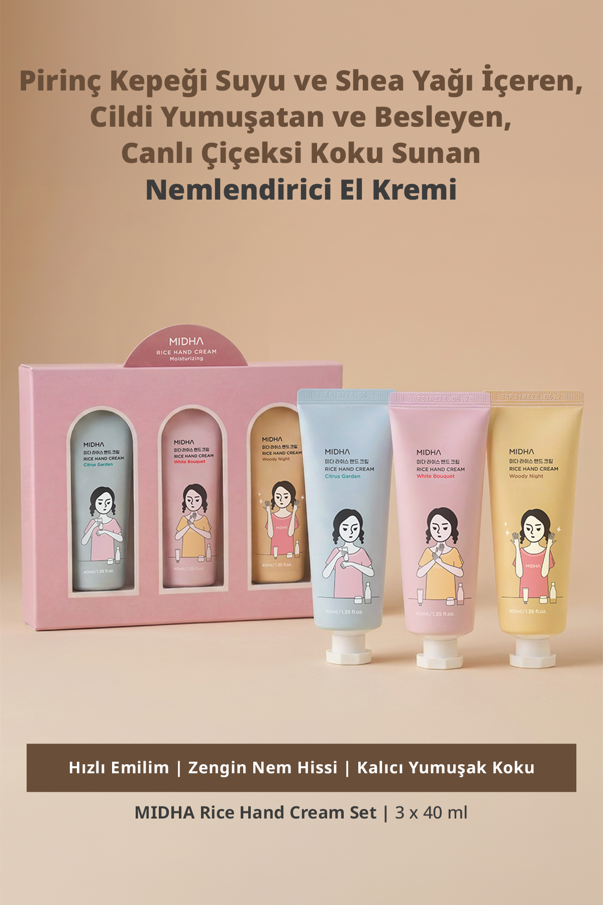 MIDHA Cildi Yumuşatan ve Besleyen Nemlendirici El Kremi Seti Rice Hand Cream Set — 9650