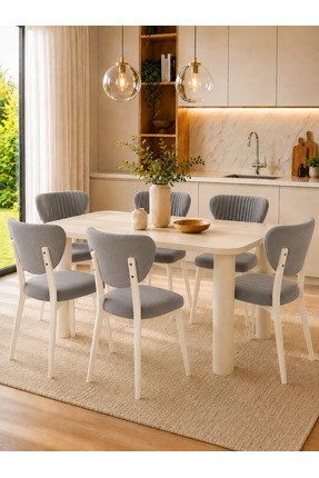 Formood 6'lı Mutfak Sandalyesi Modern Gri Kumaş Salon Sandalyesi Beyaz Ayak E...