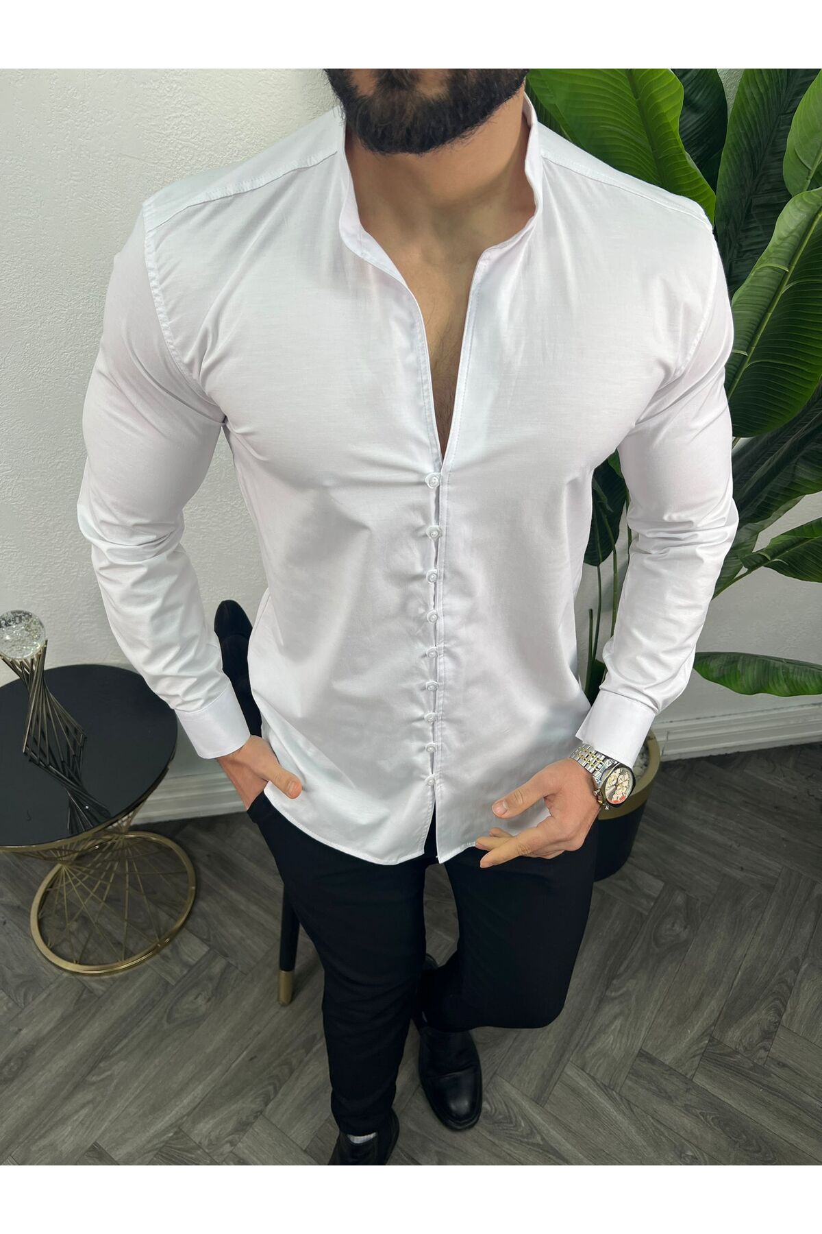 Erkek Slim Fit Hakim Yaka Likralı Gömlek | Modern Kesim — سفید BAYIM LİKRALI MODERN KESİM — تصویر 4 از 4