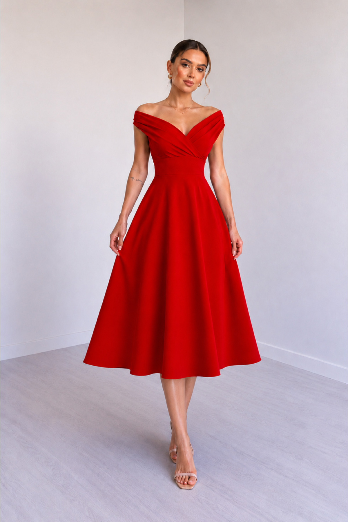 DRESSIFY WOMEN’S FASHION Women's Short Sleeve Double Breasted Collar Crepe Dress - Stylish Midi Length Dress with Flared Skirt for Special Occasions
