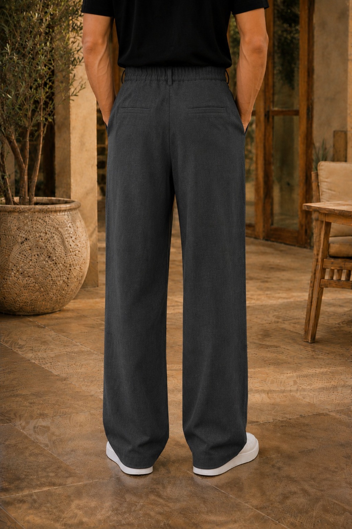 Erkek Antrasit Kumaş Pantolon Baggy Fit Pileli Bol Paça Rahat Kesim — مشکی ME-1190 — تصویر 2 از 2