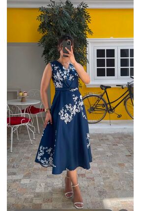 Moda Banuş Kadın Midi Boy Lacivert Elbise