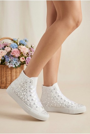 HYS SHOES Bilekli Modern Gelin Ayakkabıları İnci ve Kristal İşlemeli Beyaz Dü...