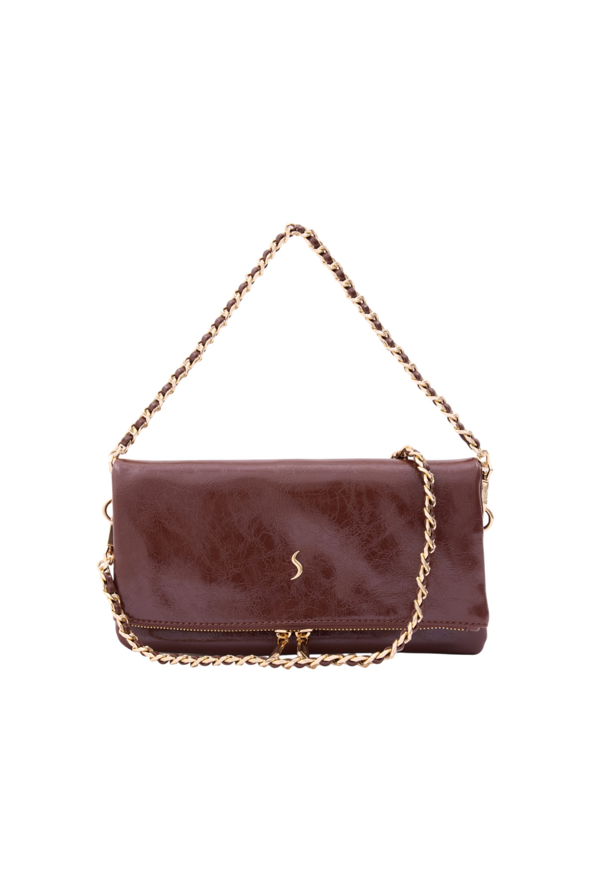 Santini Collection Kadın Çanta Çapraz Çanta Askılı Kol Çantası Omuz Çantası Çift Zincir Askılı Clutch El Çantası, Kahverengi Lior Fold görsel 8