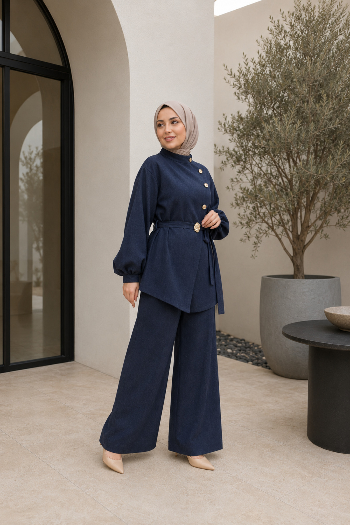 unika boutique Düğme Detaylı Kuşaklı Tunik Pantolon Tesettür Ikili Takım görsel 3
