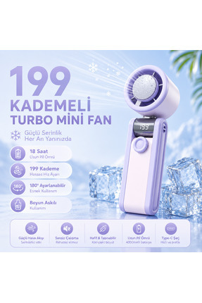 TARÇIN Turbo Mini Fan 199 Kademeli Dijital Göstergeli Katlanabilir Şarjlı El ...