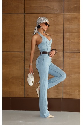 ParlaMira Kadın Açık Mavi Halter Yaka Düğme Detaylı Denim Tulum