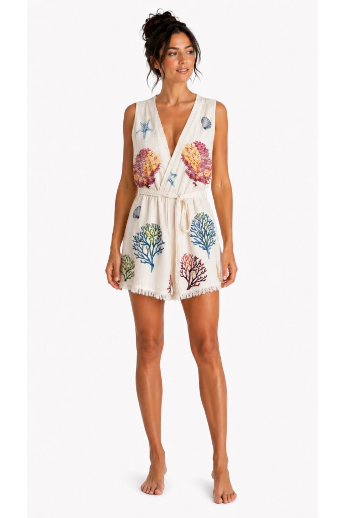 Liora Muslin Sleeveless Kimono Bathrobe Tassel Detailed Oversized Comfortable Cut Beach and Daily Use