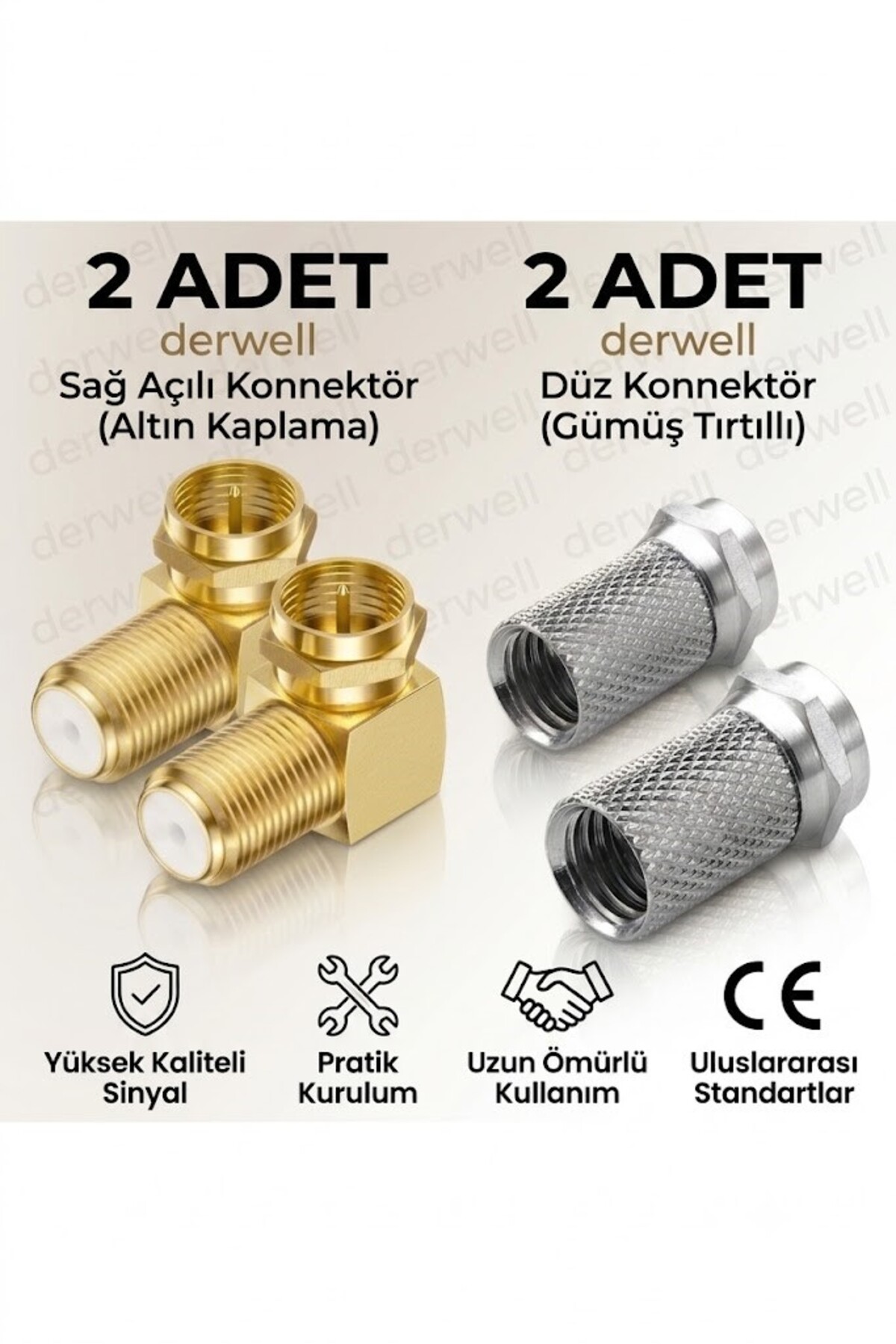 4'lü Premium Uydu Konnektör Seti - Altın Uçlu Sağ Açılı Dirsek & Gümüş Tırtıklı F Konnektör - 4K/HD Uyumlu Kesintisiz Sinyal İletimi - Kolay Vidalı Montaj - Yüksek Dayanıklı Metalik Uydu Seti