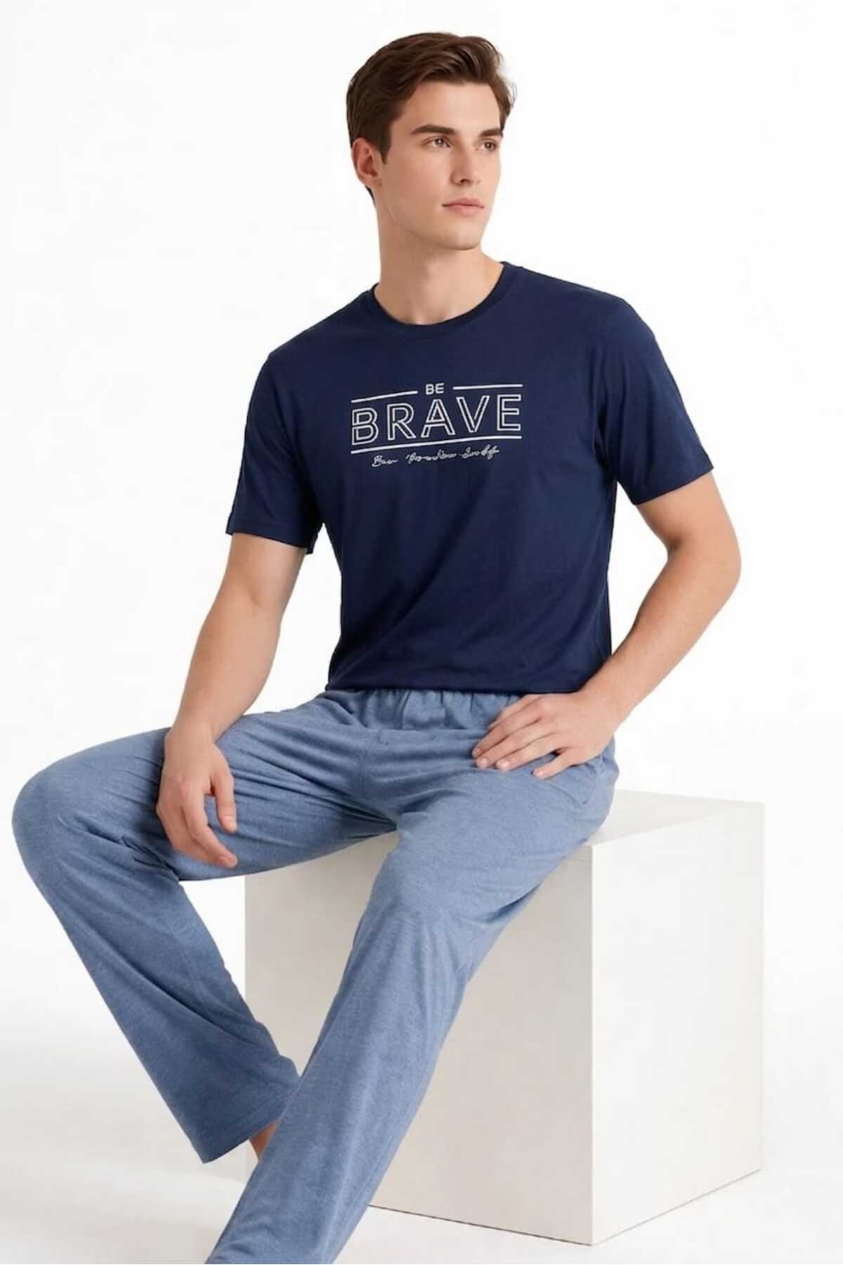 Sude HOMEWEAR Erkek Kısa Kol Lacivert Renk Önü Yazılı Pijama Takımı