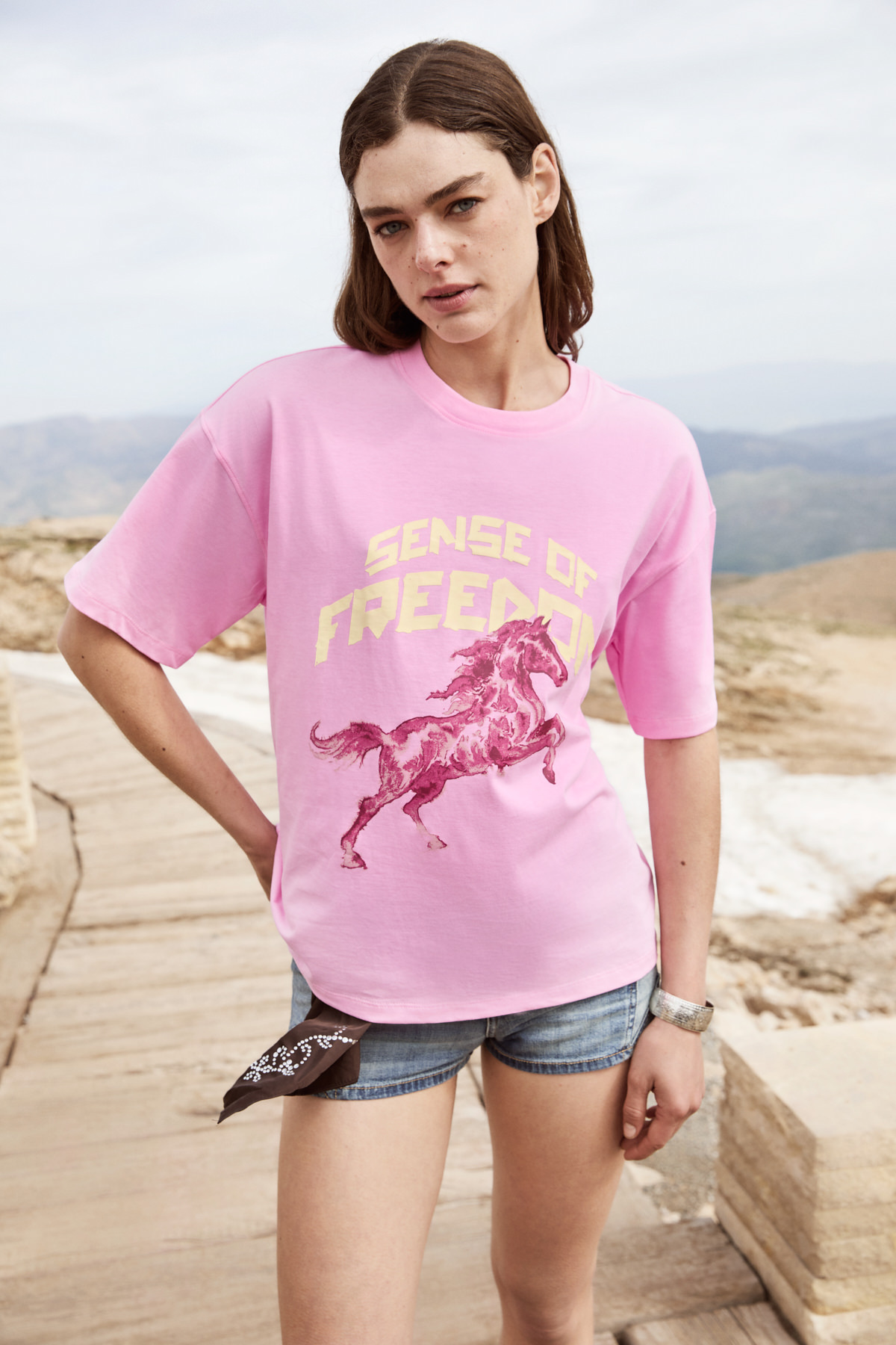 GRIMELANGE IRATI Kadın Yumuşak Kumaşlı %100 Organik Pamuklu Baskı Detaylı Oversize Pembe T-Shirt görsel 4