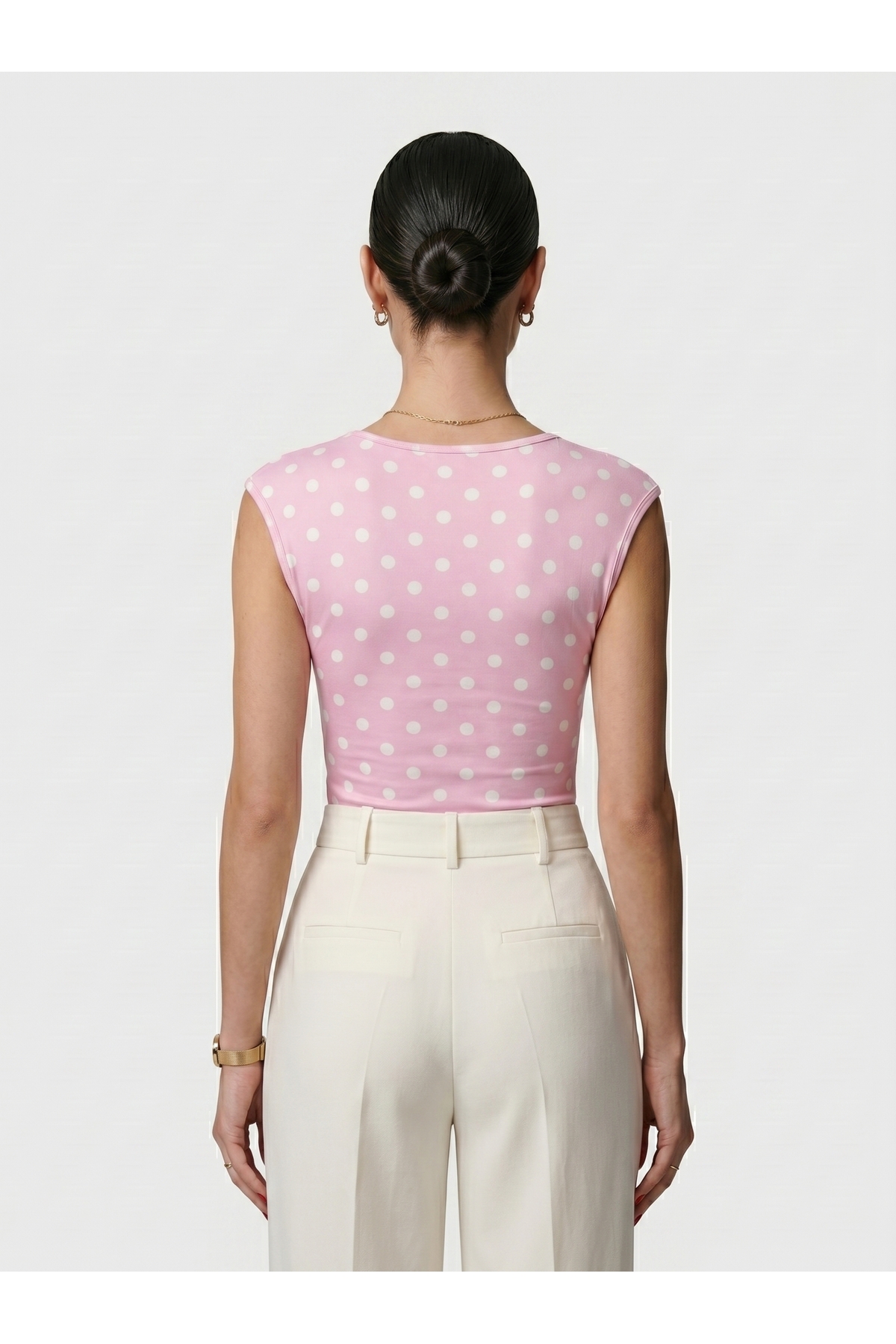 Kadın Degaje Yaka Puantiyeli Çıtçıtlı Body Likralı Bodysuit - Pembe 4
