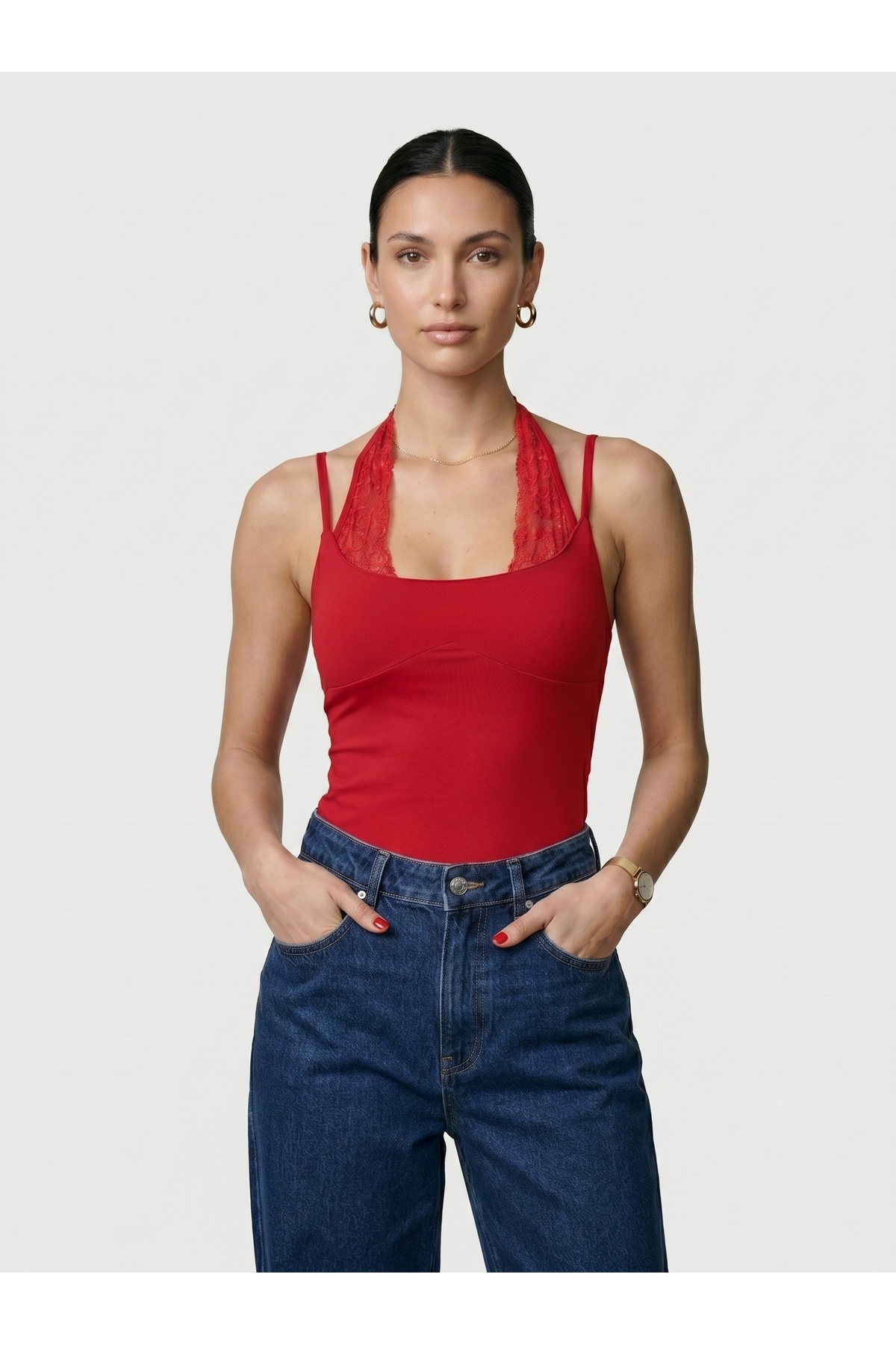 Kadın Dantel Yaka İnce Askılı Çıtçıtlı Body Slim Fit Dar Kalıp Likralı Bodysuit - Kırmızı