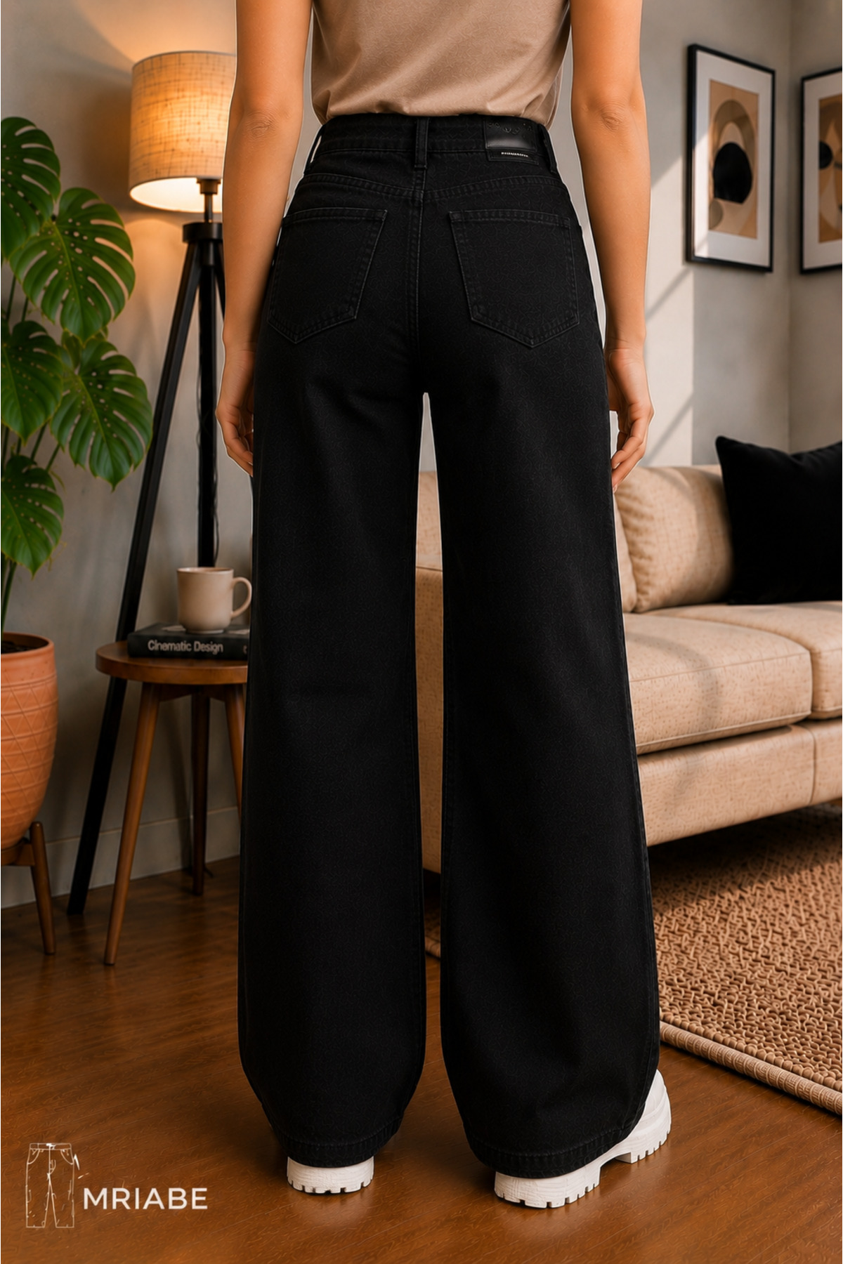 MRİABE SimSiyah Yüksek Bel Kadın Palazzo Kot Pantolon, Esnek Denim Kumaş, Düz Bol Paça,Modern Jean görsel 2