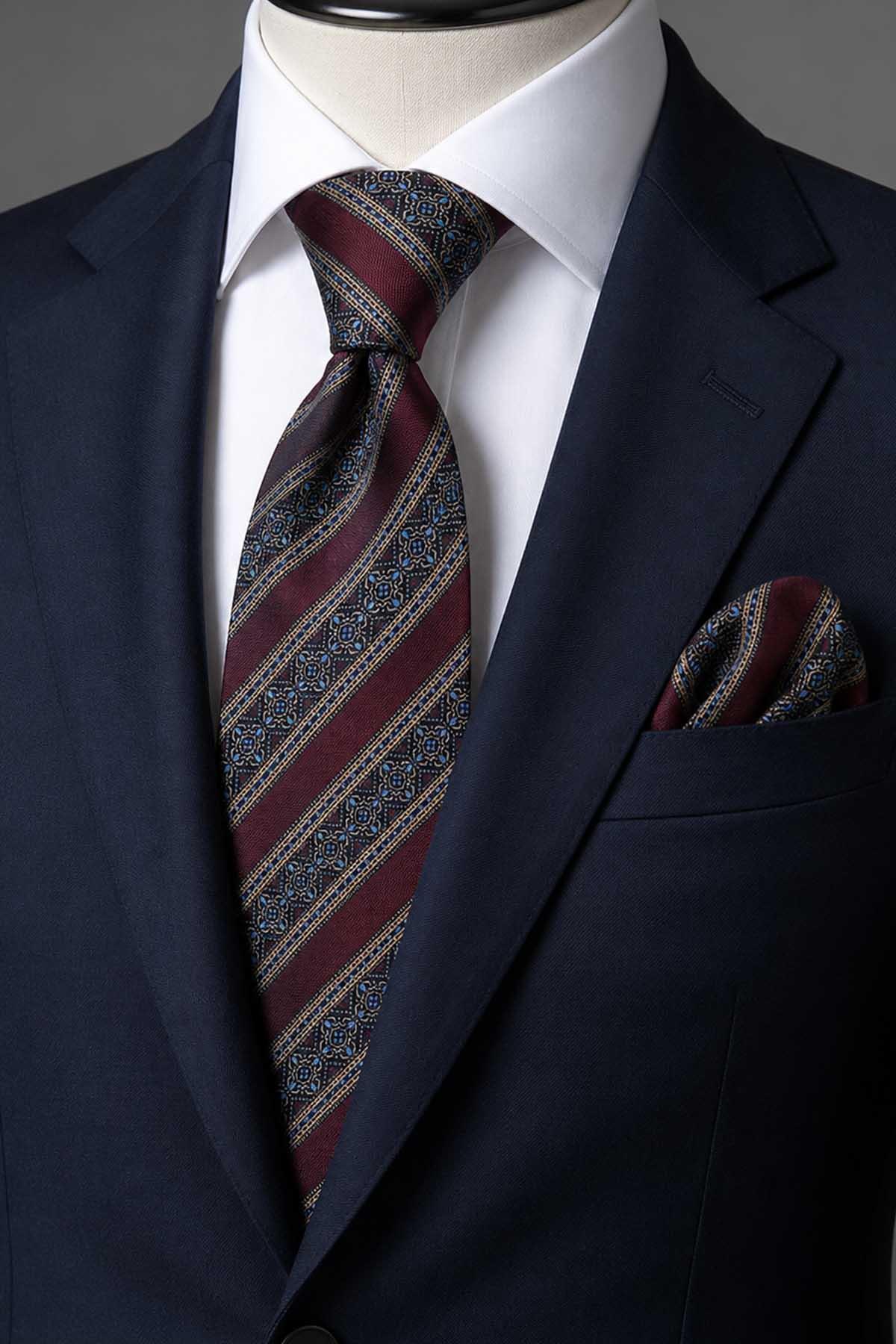 Burgundy Striped Pattern Handkerchief Classic Tie KK13776