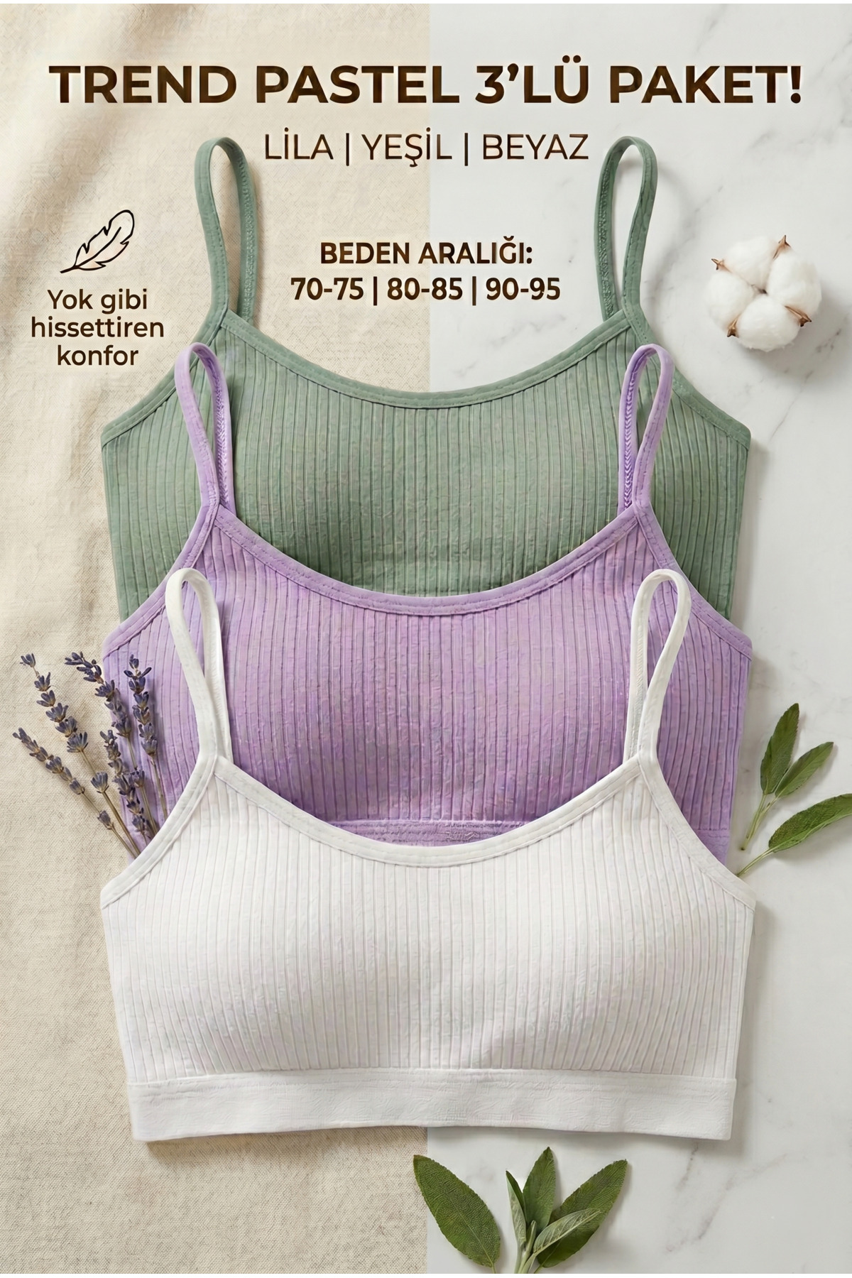 3’lü Çıkarılabilir Pedli Fitilli İp Askılı Bralet Büstiyer Crop Atlet