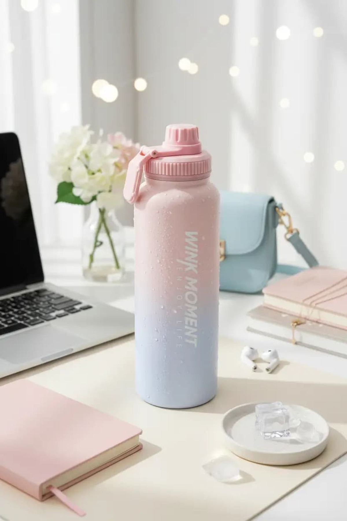 Miniso Lisanslı Pembe Mavi Gradyan Termos 950 mL – Tutacaklı