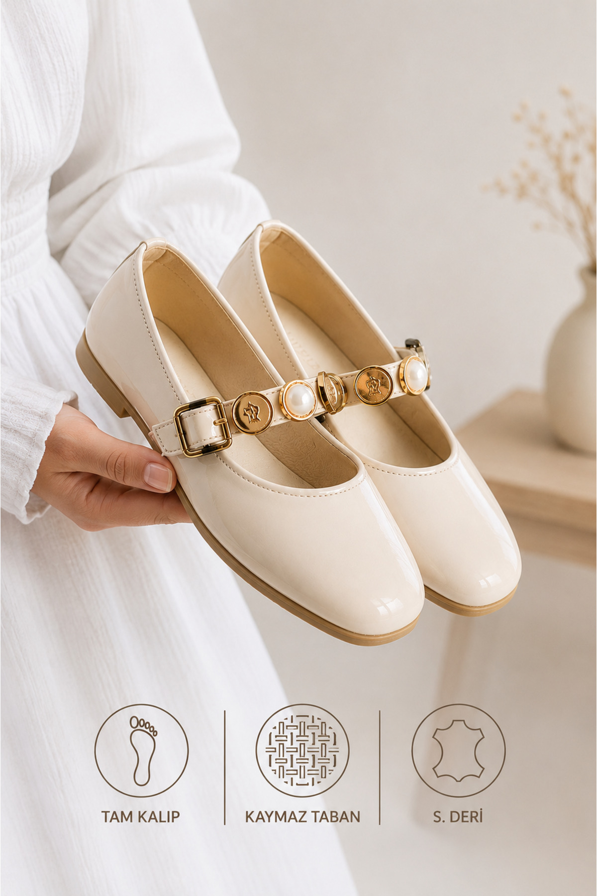 star shoes Krem Kadın Babet Ayarlanabilir Tokalı Hafif Rahat Günlük Ayakkabı