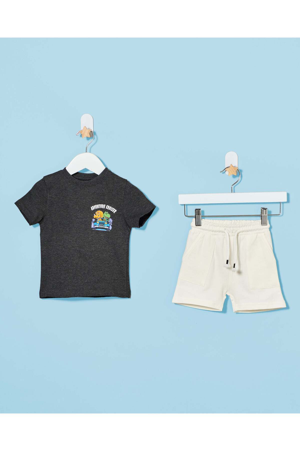 REDTAG Infant Boys Charcoal T-shirt With Cream Shorts Set