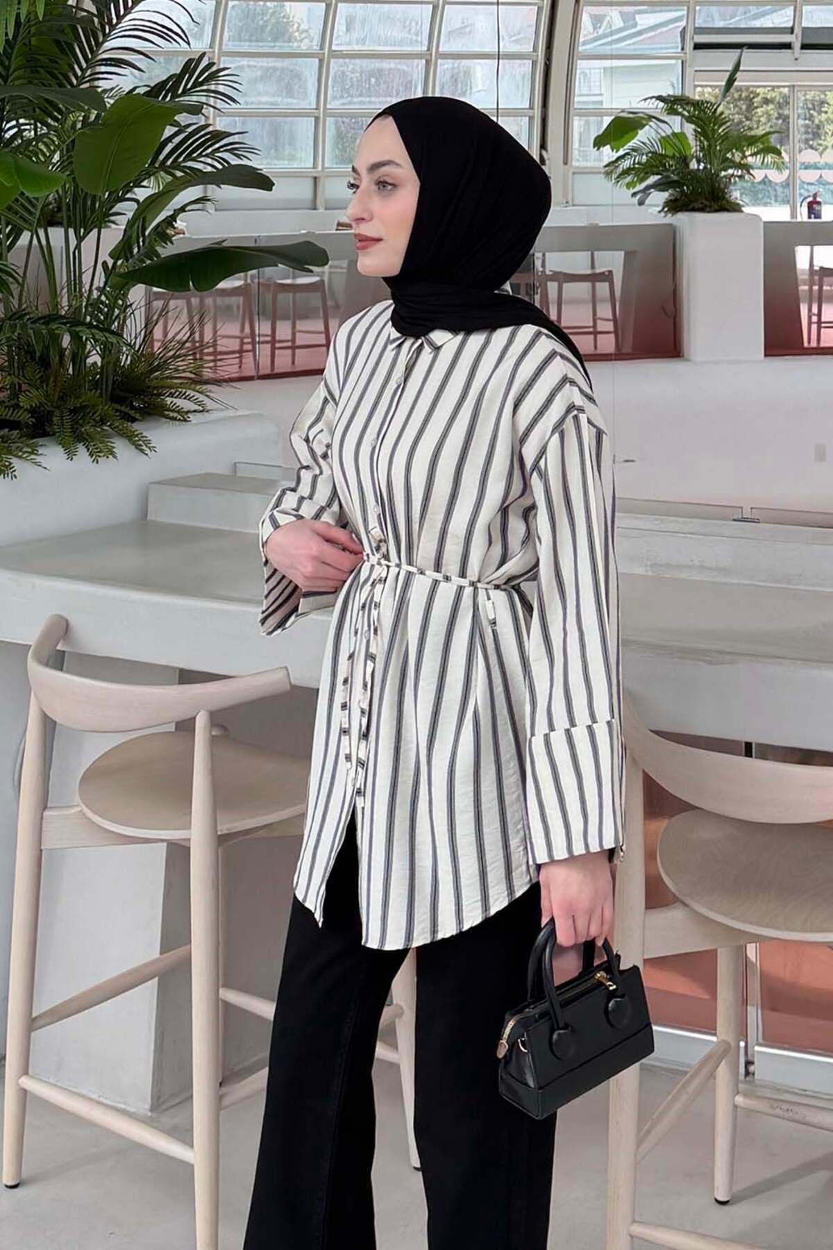 lamelif Çizgili Bağlamalı Gömlek Krem görsel 2