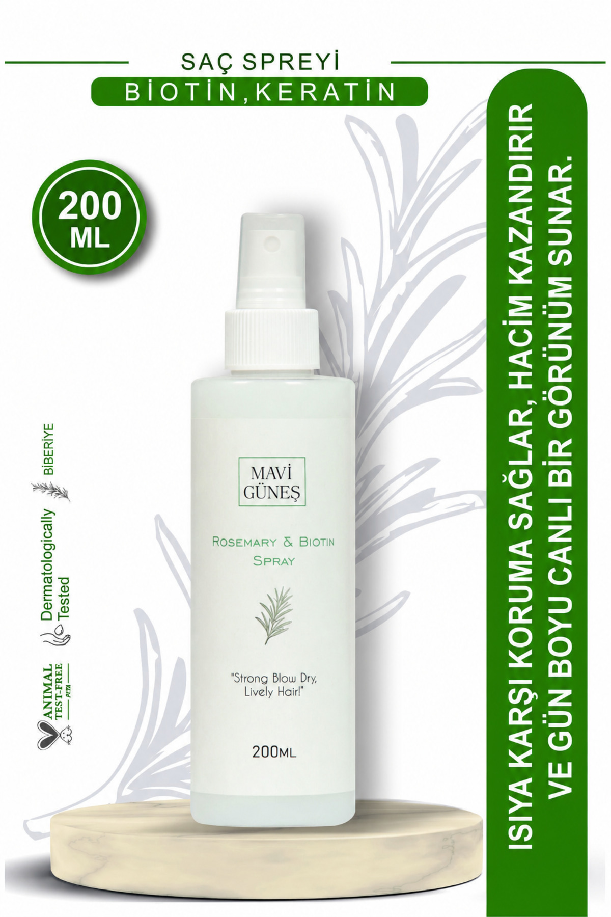 MAVİGÜNEŞKOZMETİK Biberiye Özlü Saç Spreyi 200 ml - Biotin & Keratin İçerikli, Isıya Karşı Koruma, Hacim ve Canlılık — 86834SPREY
