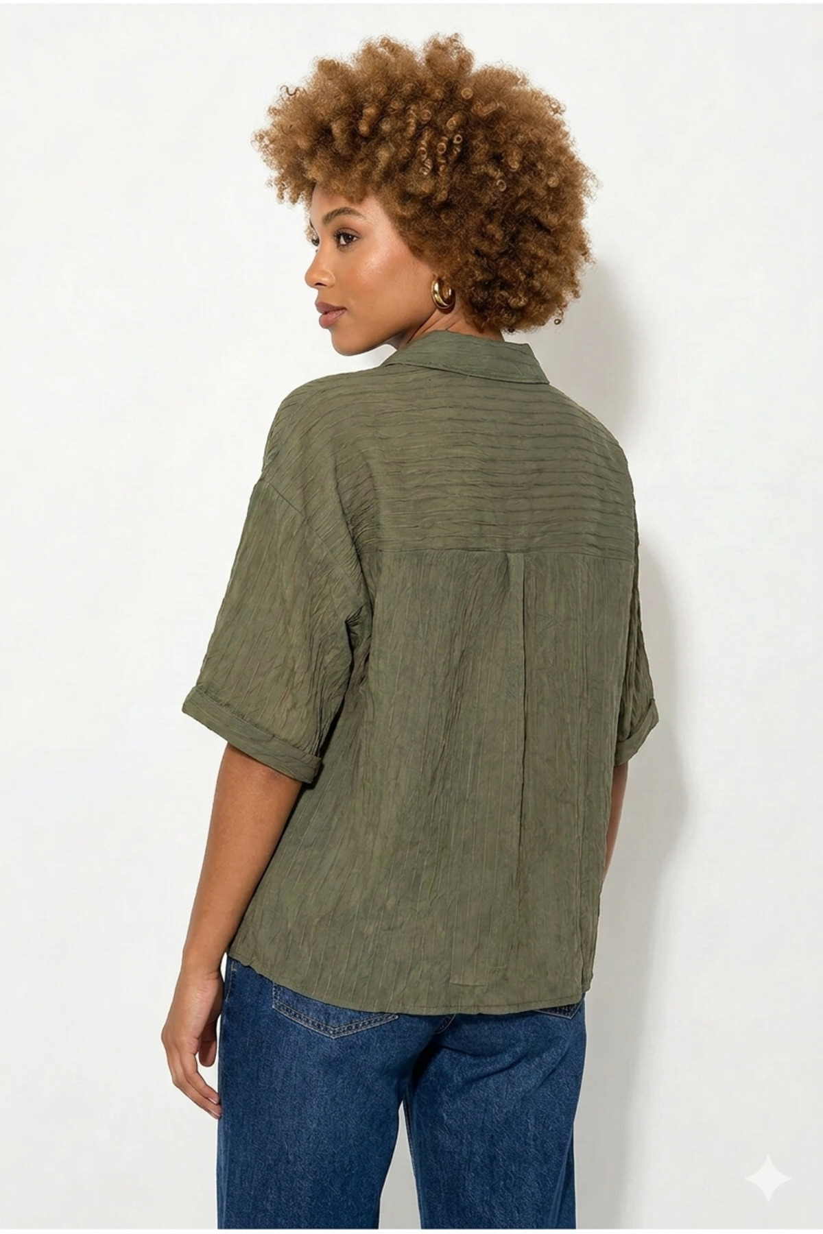 Bold Icon Kendinden Çizgi Dokulu Oversize Açık Yaka Gömlek görsel 3