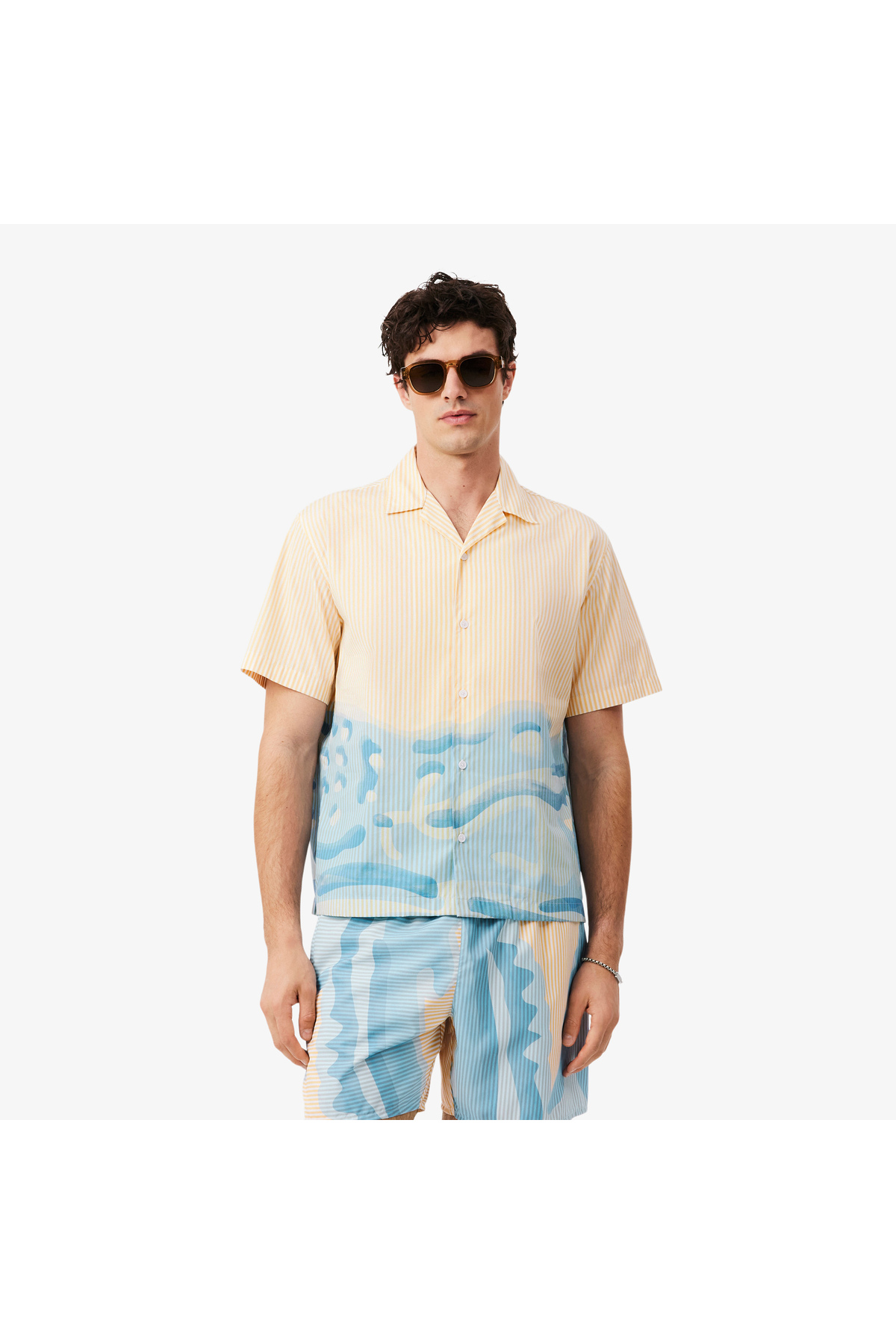 پیراهن مردانه آستین کوتاه راه راه بژ طرح ریلکس فیت لاگوست پیراهن Lacoste