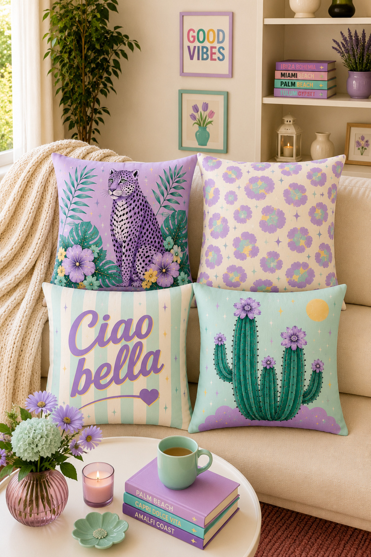 Ays Home Mint Lilac Tiger Maximalist Pattern 4-Piece Cushion Cover Double-sided (43 x 43 )