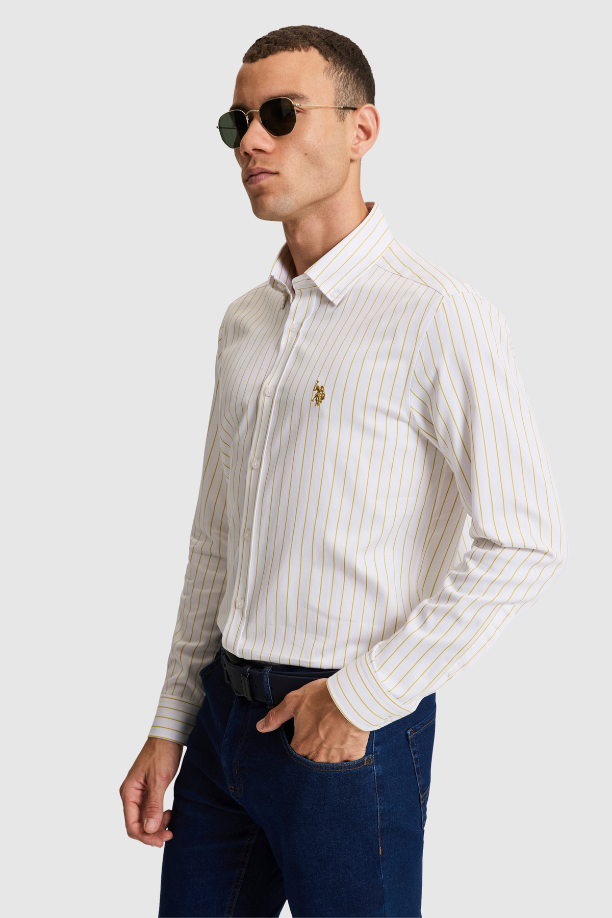 U.S. Polo Assn. Erkek Yağ Yeşili Çizgili Uzun Kollu Gömlek 50324745-VR235 görsel 3