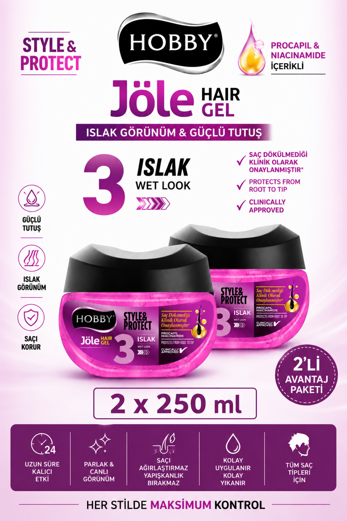 Hobby Saç Jölesi Style Protect Islak Görünüm Yeni Paket 250 ml 2 Adet — NCF--Islakikili