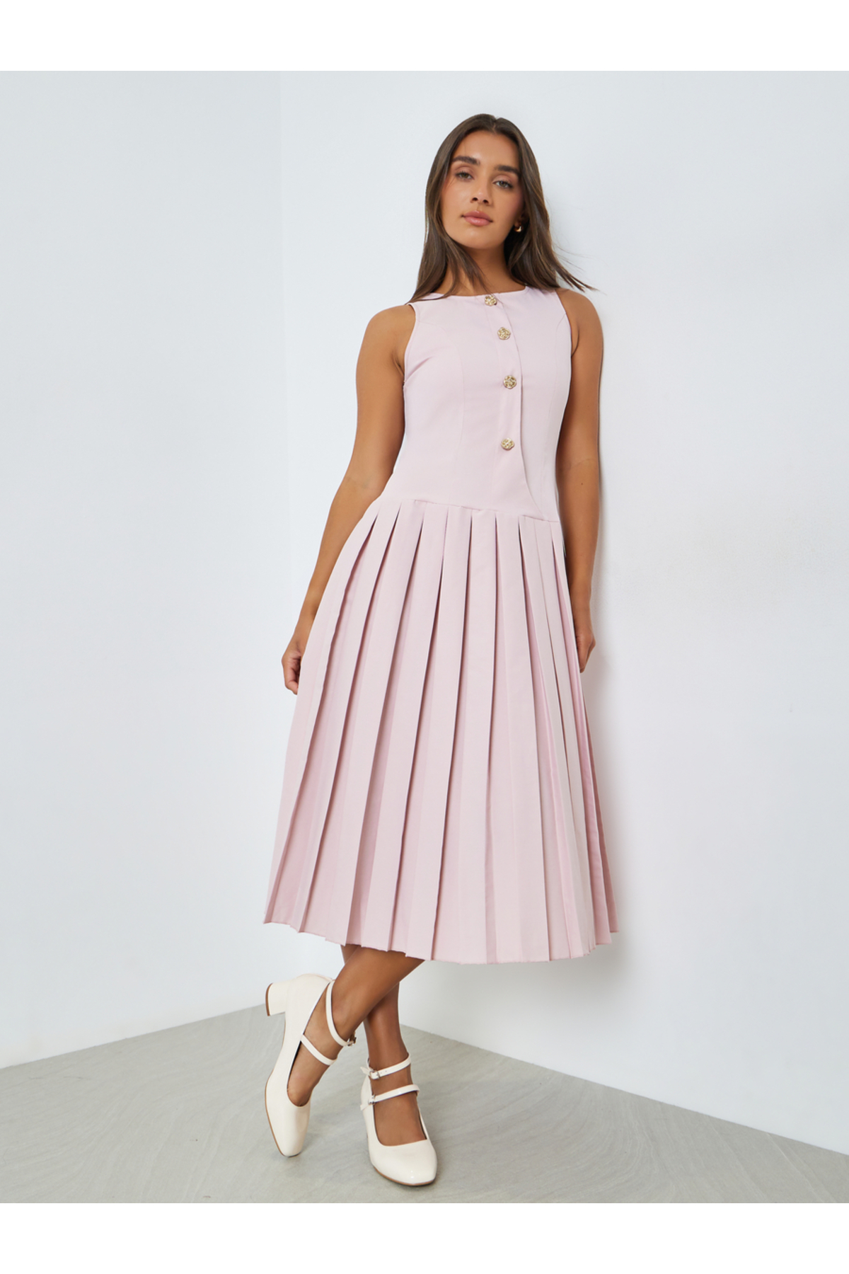 Styli Pink Pleated A-Line Midi Dress