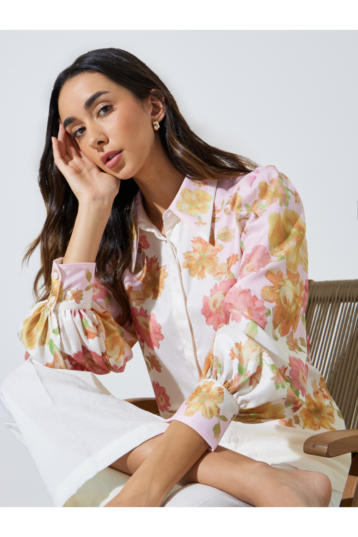 Styli Off White Placement Print Balloon Sleeve Shirt