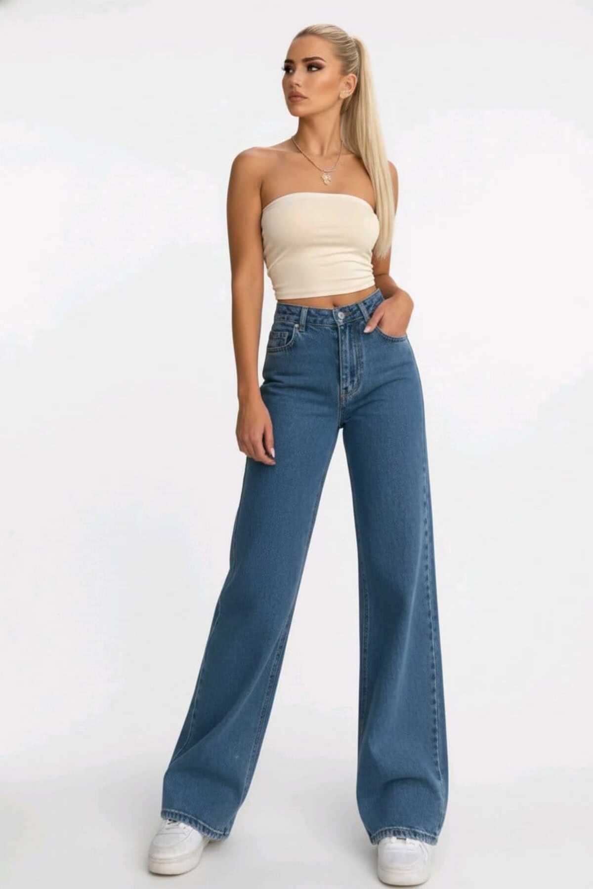 Lighter Jeans Kadın Orta Mavi Likralı Wide Leg Palazzo Jean Yüksek Bel Bol Paça Kadın Pantolon