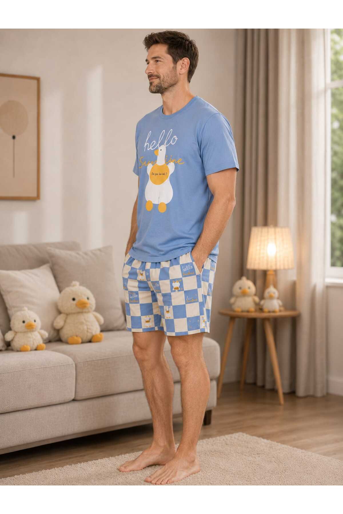 Pijamask ERKEK BASKILI ŞORTLU PAMUKLU YAZLIK PİJAMA TAKIMI görsel 2