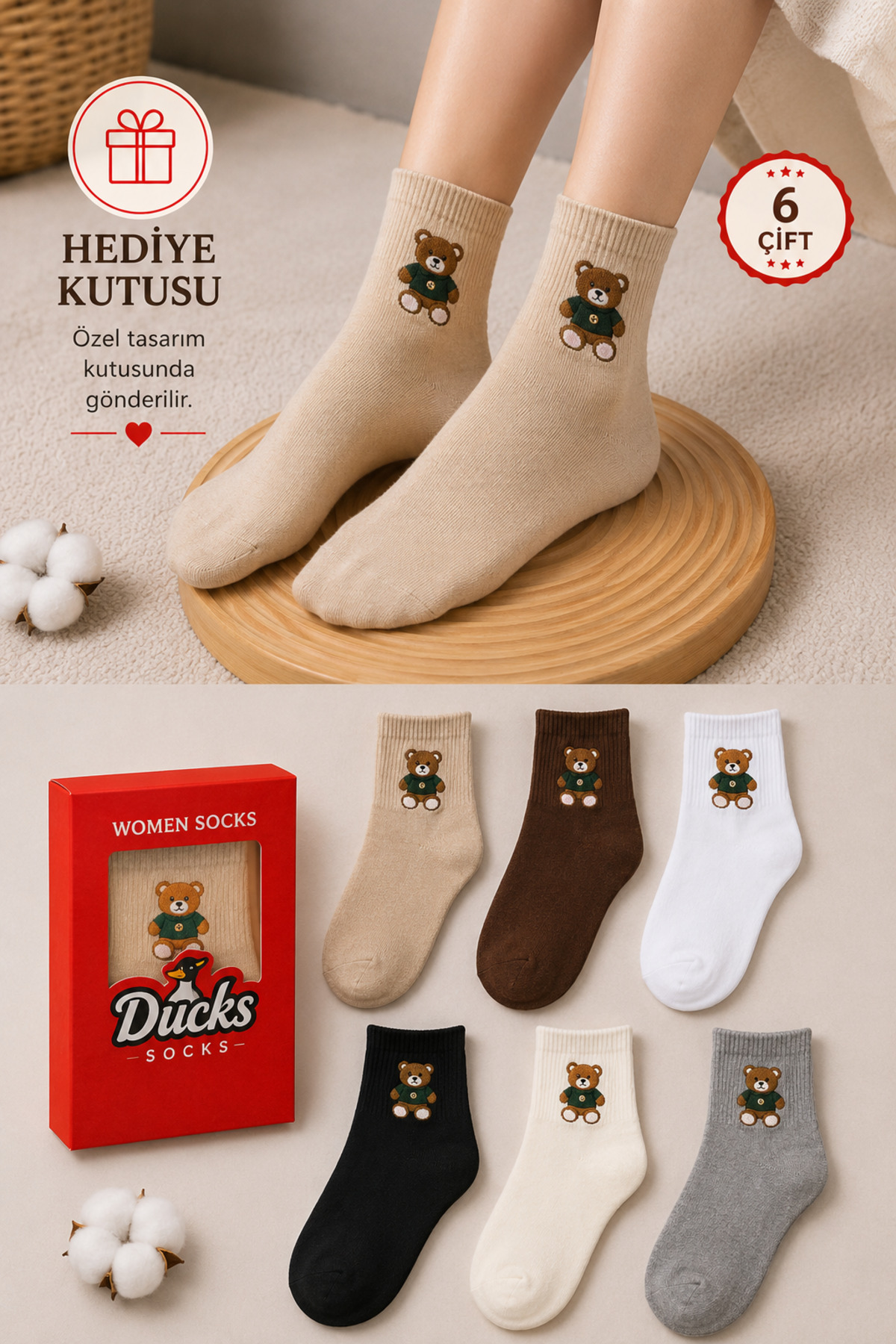 Kadın Teddy Bear Çorap Hediye Kutulu Pamuklu Kısa Konç Ayıcıklı Çorap 6'lı Dikişsiz Çok Renkli
