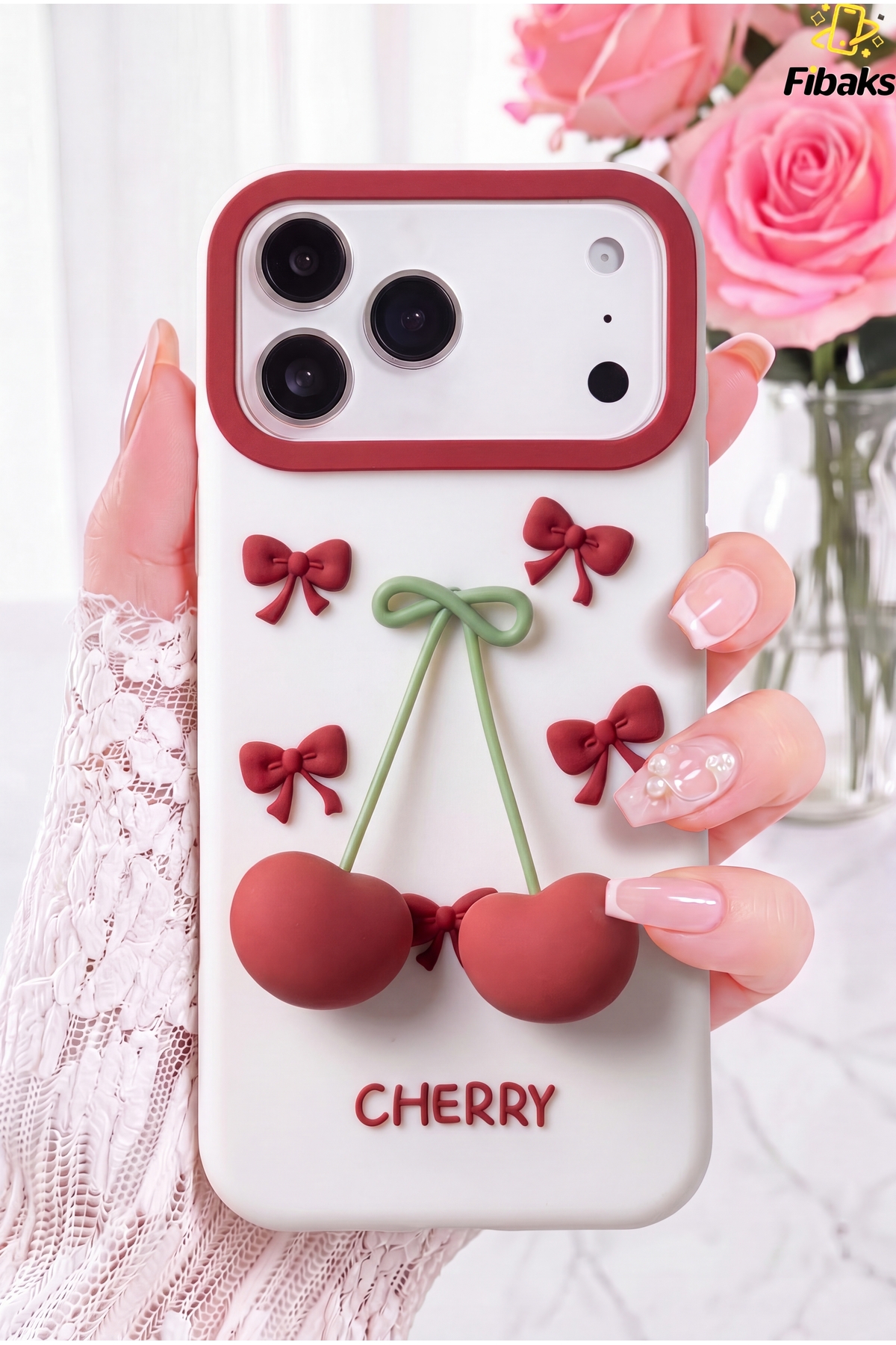 iPhone 17 Pro Max Case 3D Cherry and Bow Shaped Silicone Phone Case Cover