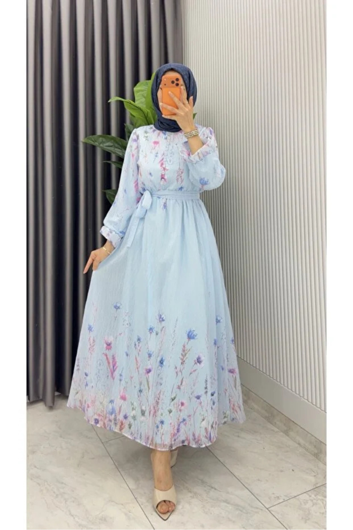 BETES Women's Hijab Blue Lined Floral Printed Dress