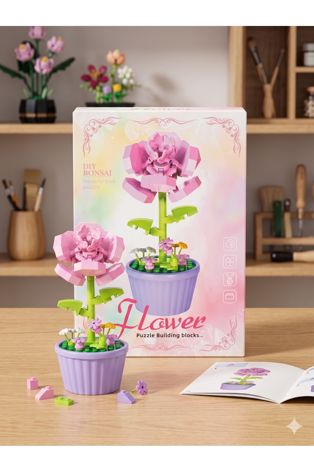 Arvela Mini Çiçek Yapım Blokları - DIY Pembe Yıldız Çiçeği Saksı