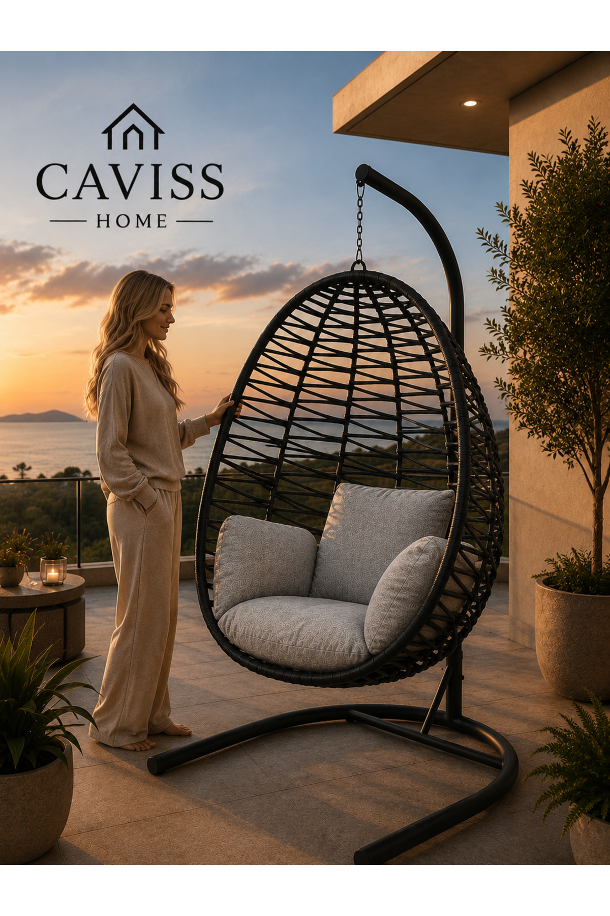 CAVISS HOME Pear Swing Single Macrame Grey Rope Braid Garden Balcony Home Swing